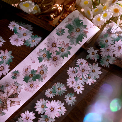 Whole Roll 5.5cm*5m Wild chrysanthemums Die Cutting Washi/PET/Shell Silver PET Tape featuring silver designs for journaling, scrapbooking and collage