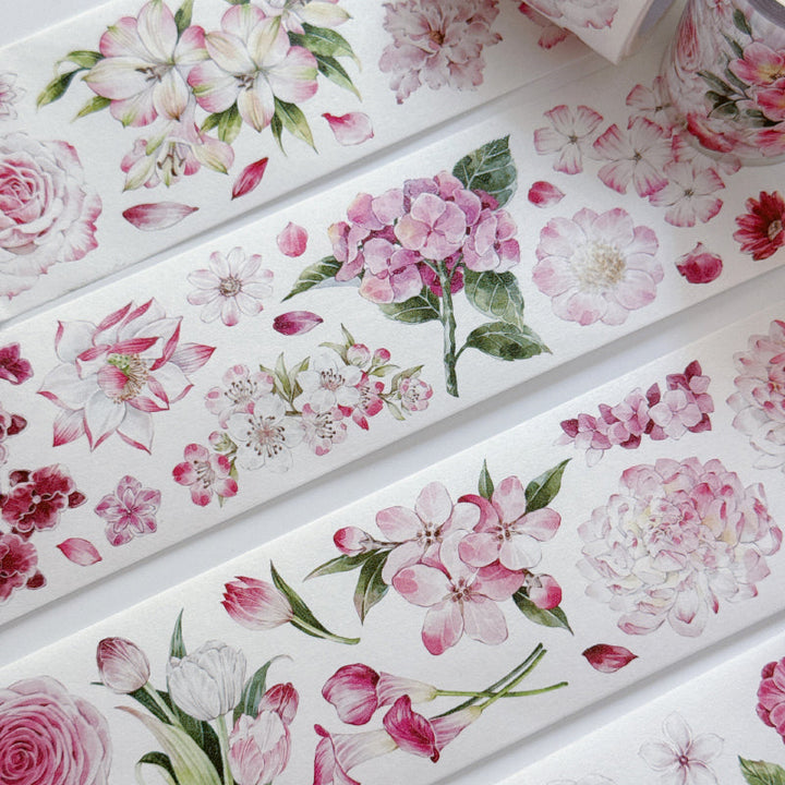 Whole Roll 5.5cm*5m Pink Flower Collection Washi/PET Tape featuring pink, and flower designs for journaling, scrapbooking and collage