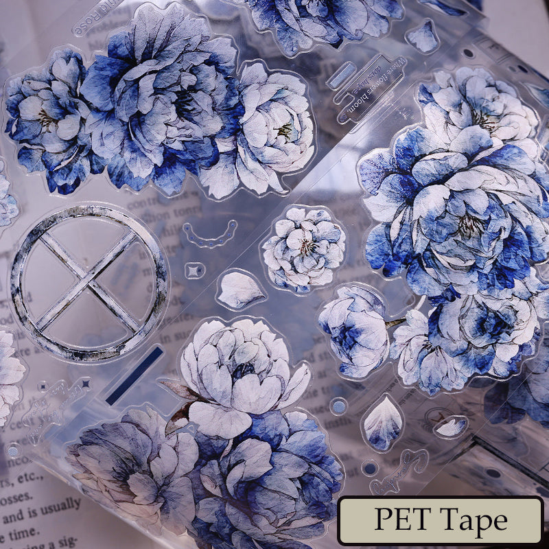 Whole Roll 6cm*6m Dark blue peony flower Die Cutting Washi/PET/Shell Light PET Tape