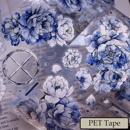 Whole Roll 6cm*6m Dark blue peony flower Die Cutting Washi/PET/Shell Light PET Tape
