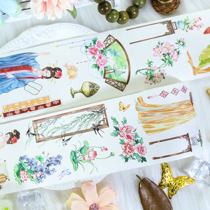 Ancient court Die Cutting Washi/Shell Gold PET Tape featuring old, and gold designs for journaling, scrapbooking and collage