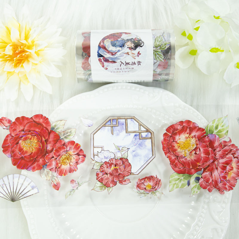 Red peony beauty Die Cutting Washi/Shell Light PET Tape featuring red, and light designs for journaling, scrapbooking and collage