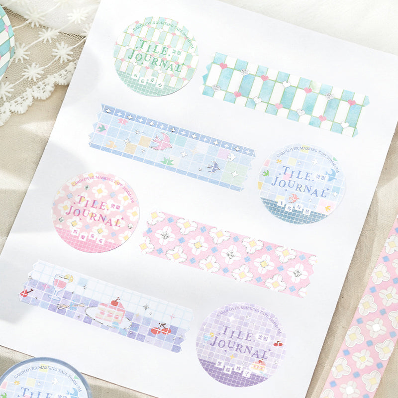Flower Tile Diary Series Silver Stamping Washi Tape featuring silver, and flower designs for journaling, scrapbooking and collage