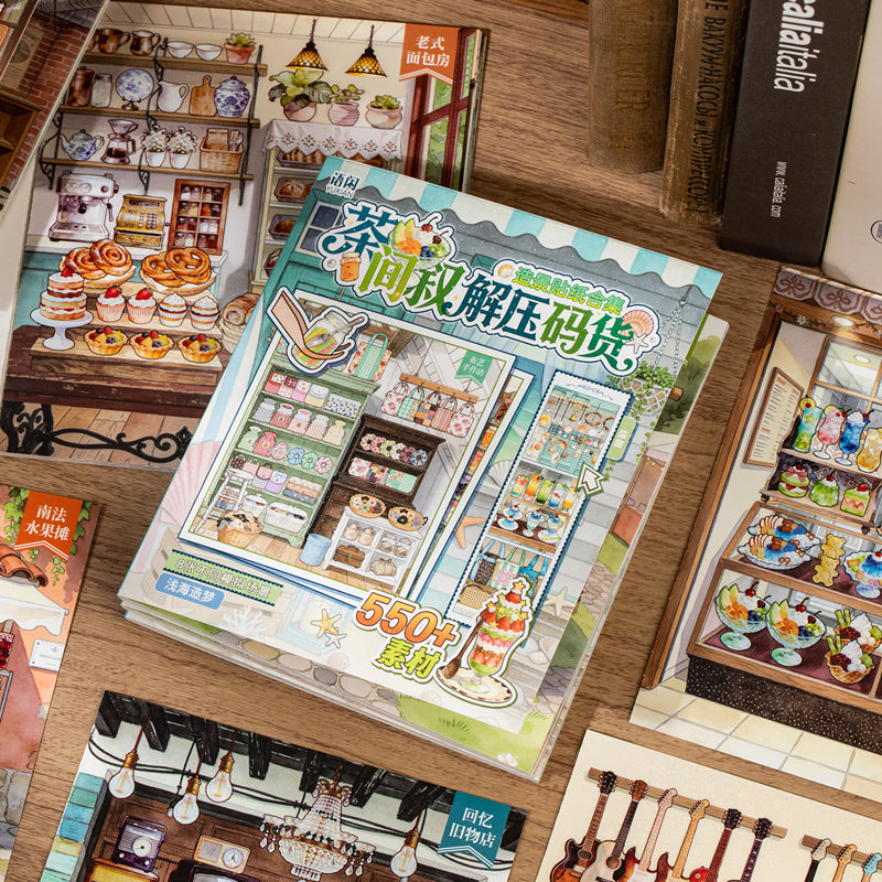 Tea Break Series 3D Sticker Book featuring tea, and book designs for journaling, scrapbooking and collage