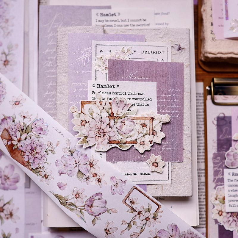 5.5cm*150cm Purple Smoke Flower Die Cutting Washi/PET/Shell Light PET Tape featuring flower, and light designs for journaling, scrapbooking and collage