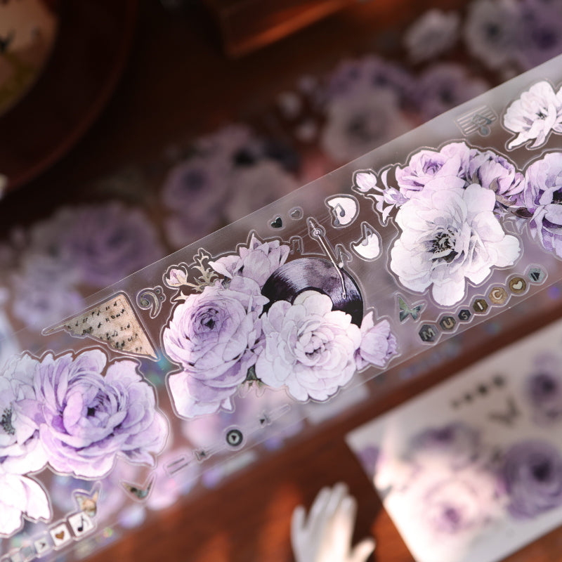 Whole Roll 6cm*5m Purple Melody Echoes Die Cutting Washi/PET/Shell Light PET Tape featuring light designs for journaling, scrapbooking and collage