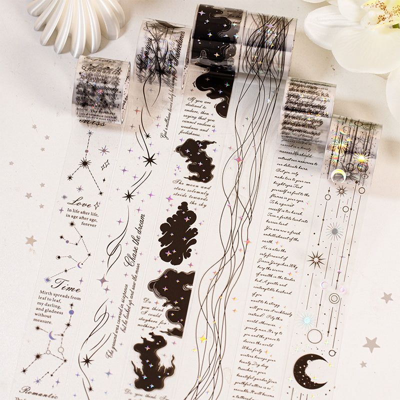 Starlit Poet Series Laser Silver PET Tape featuring silver, and star designs for journaling, scrapbooking and collage
