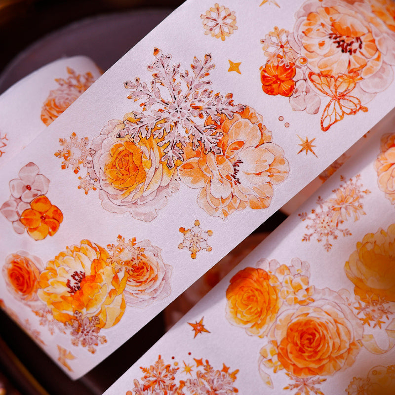 6.5cm*150cm Orange gold blossom Die Cutting Washi/PET/Shell Light PET Tape featuring old, gold, and orange designs for journaling, scrapbooking and collage