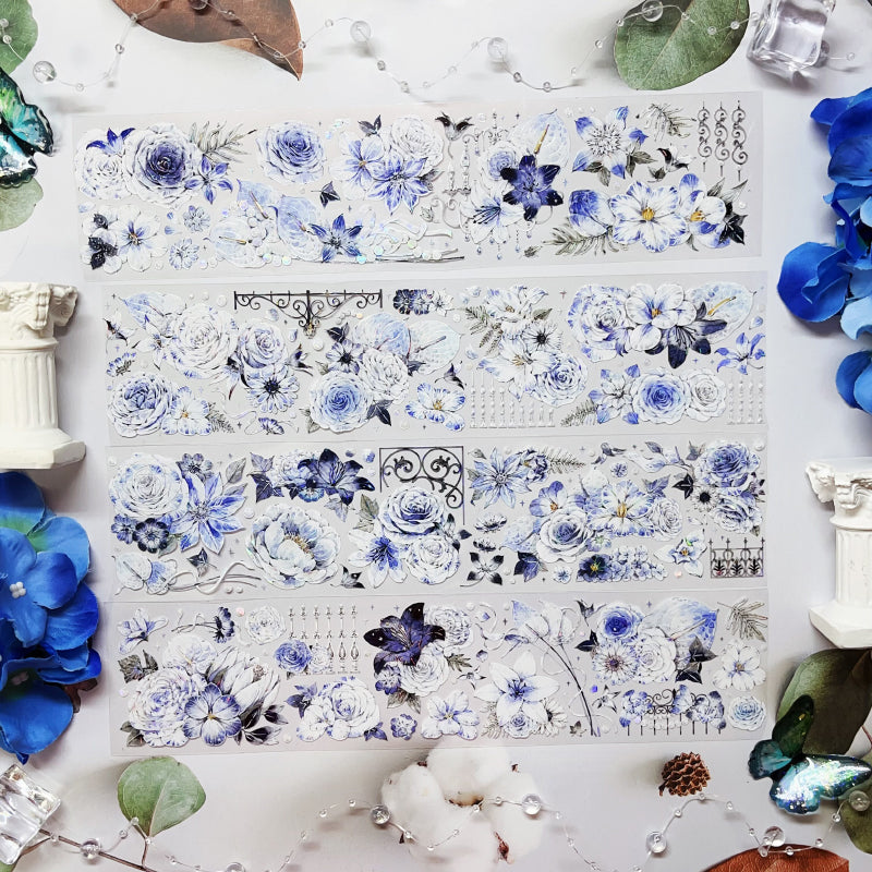 6cm*125cm Blue Dream Flower Shell Light PET Tape featuring dream, blue, and flower designs for journaling, scrapbooking and collage