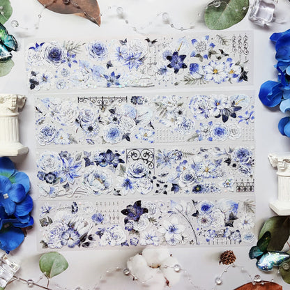 6cm*125cm Blue Dream Flower Shell Light PET Tape featuring dream, blue, and flower designs for journaling, scrapbooking and collage