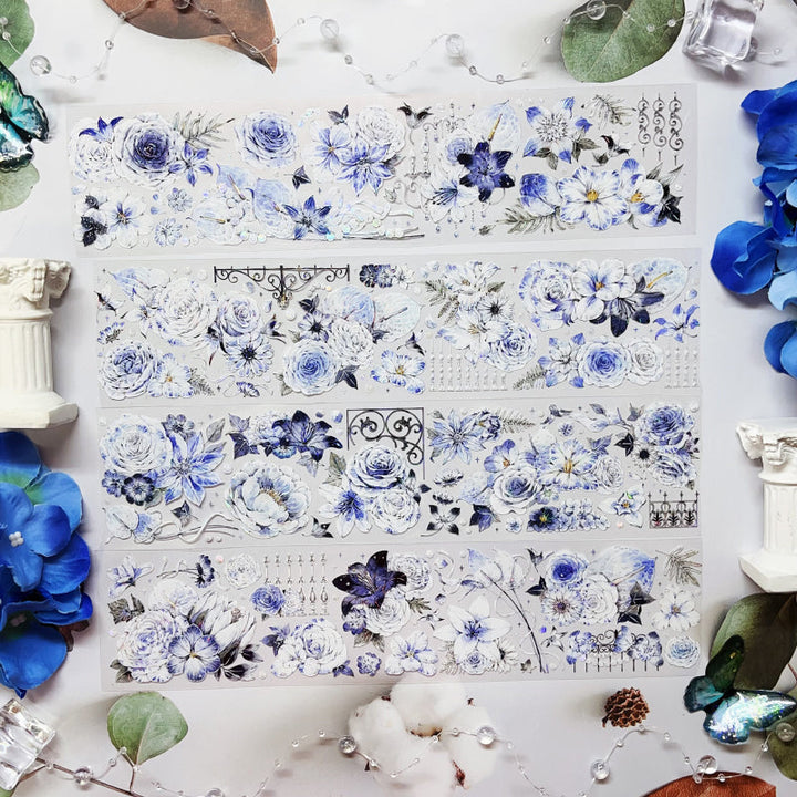 6cm*125cm Blue Dream Flower Shell Light PET Tape featuring dream, blue, and flower designs for journaling, scrapbooking and collage