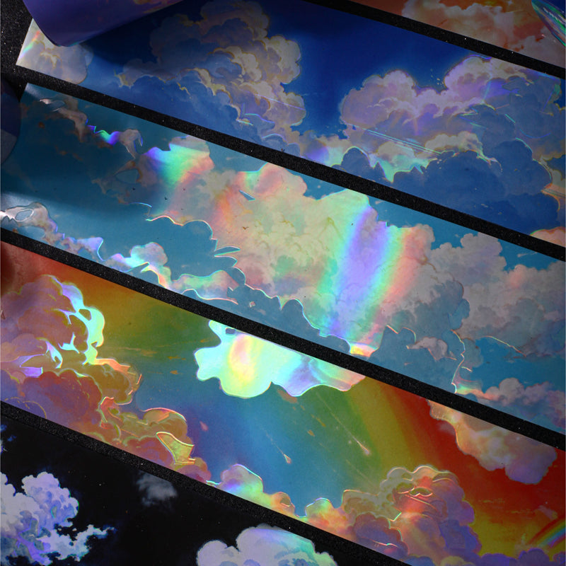 Cloud Travel Series Rainbow Light PET Tape featuring cloud, rain, and light designs for journaling, scrapbooking and collage