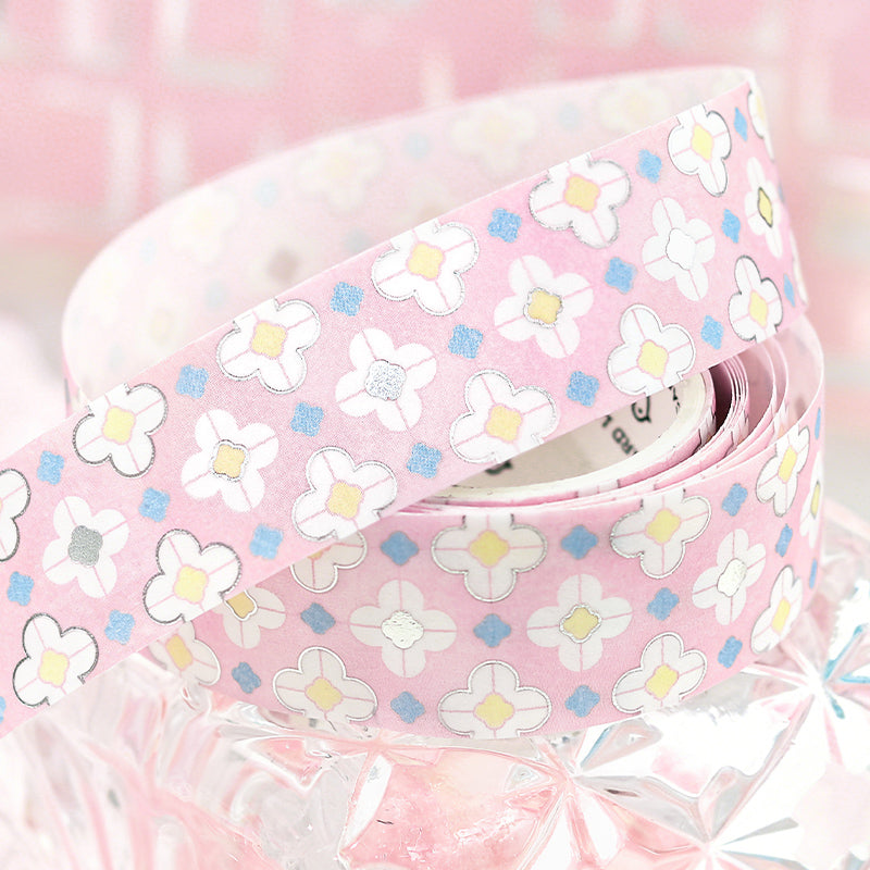Flower Tile Diary Series Silver Stamping Washi Tape featuring silver, and flower designs for journaling, scrapbooking and collage