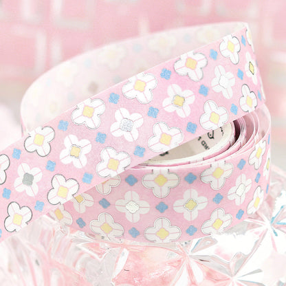 Flower Tile Diary Series Silver Stamping Washi Tape featuring silver, and flower designs for journaling, scrapbooking and collage