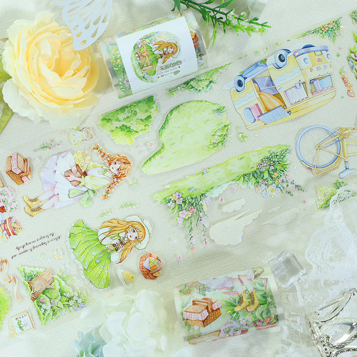 Green wind gathering wild Die Cutting Washi/Shell Light PET Tape featuring green, light, and wind designs for journaling, scrapbooking and collage