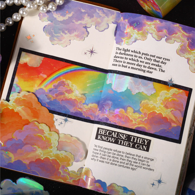 Cloud Travel Series Rainbow Light PET Tape featuring cloud, rain, and light designs for journaling, scrapbooking and collage