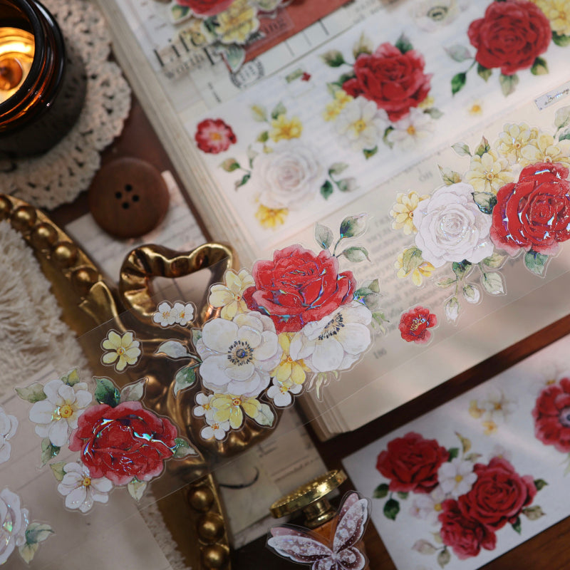 5.5cm*100cm Red White Flower Die Cutting Washi/PET/Shell Light PET Tape