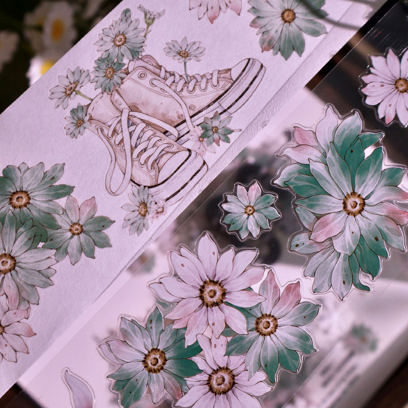Whole Roll 5.5cm*5m Wild chrysanthemums Die Cutting Washi/PET/Shell Silver PET Tape featuring silver designs for journaling, scrapbooking and collage