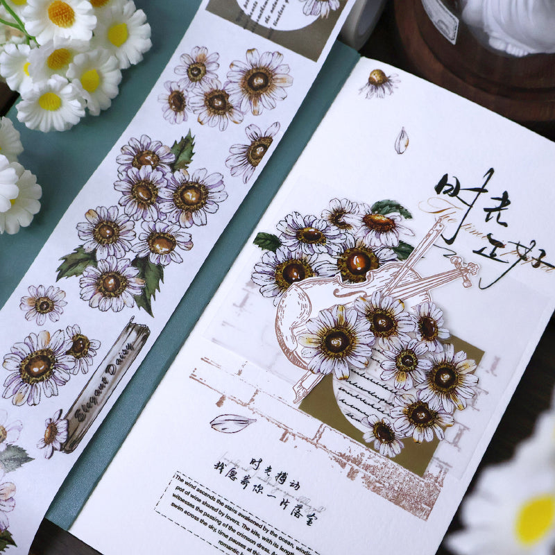 Whole Roll 5.5cm*5m Simple daisy Die Cutting Washi/PET/Shell Silver PET Tape featuring silver designs for journaling, scrapbooking and collage
