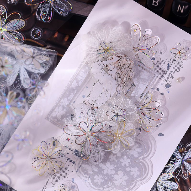4.5cm*100cm White Dream Island Die Cutting Shell Silver/Flash PET Tape featuring dream, white, and silver designs for journaling, scrapbooking and collage