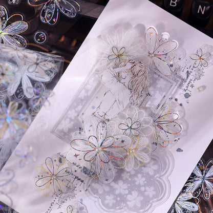 4.5cm*100cm White Dream Island Die Cutting Shell Silver/Flash PET Tape featuring dream, white, and silver designs for journaling, scrapbooking and collage