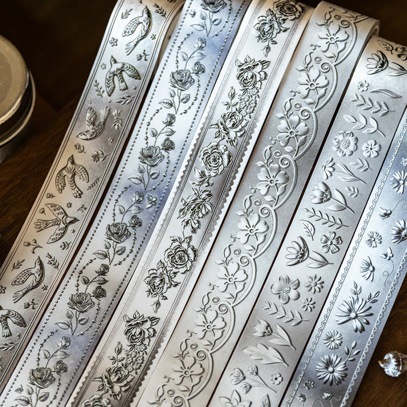 Silver Light Flower Island Series PET Tape featuring silver, flower, and island designs for journaling, scrapbooking and collage