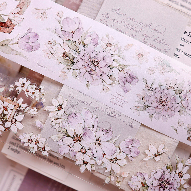 5.5cm*150cm Purple Smoke Flower Die Cutting Washi/PET/Shell Light PET Tape featuring flower, and light designs for journaling, scrapbooking and collage