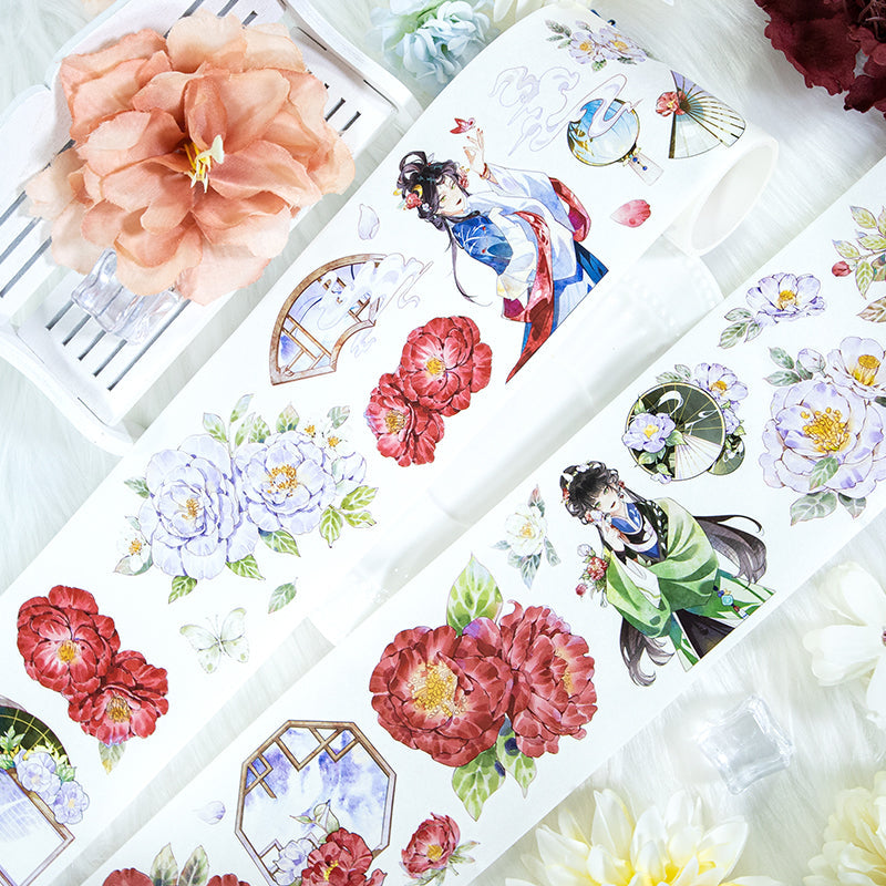Red peony beauty Die Cutting Washi/Shell Light PET Tape featuring red, and light designs for journaling, scrapbooking and collage