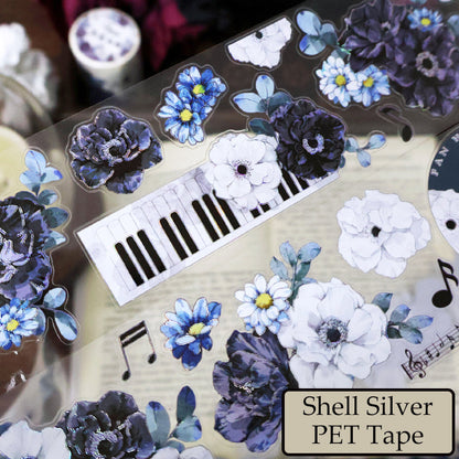 5.5cm*100cm White charm Black flowers Die Cutting Washi/PET/Shell Silver PET Tape