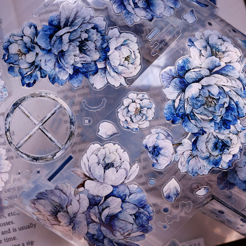 Whole Roll 6cm*6m Dark blue peony flower Die Cutting Washi/PET/Shell Light PET Tape featuring blue, flower, and light designs for journaling, scrapbooking and collage
