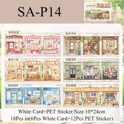 Miniature Street Scene Series 3D Sticker Book featuring book, street, and tree designs for journaling, scrapbooking and collage