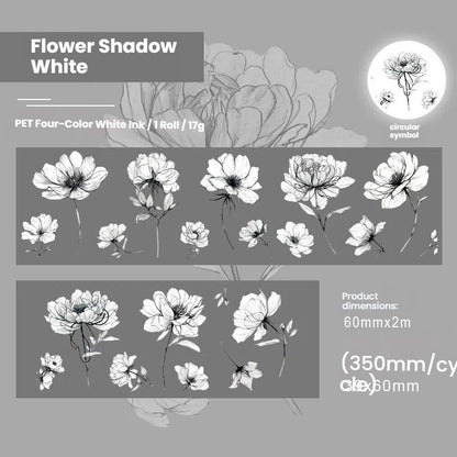 Flower Shadow White PET Tape featuring white, flower, and shadow designs for journaling, scrapbooking and collage