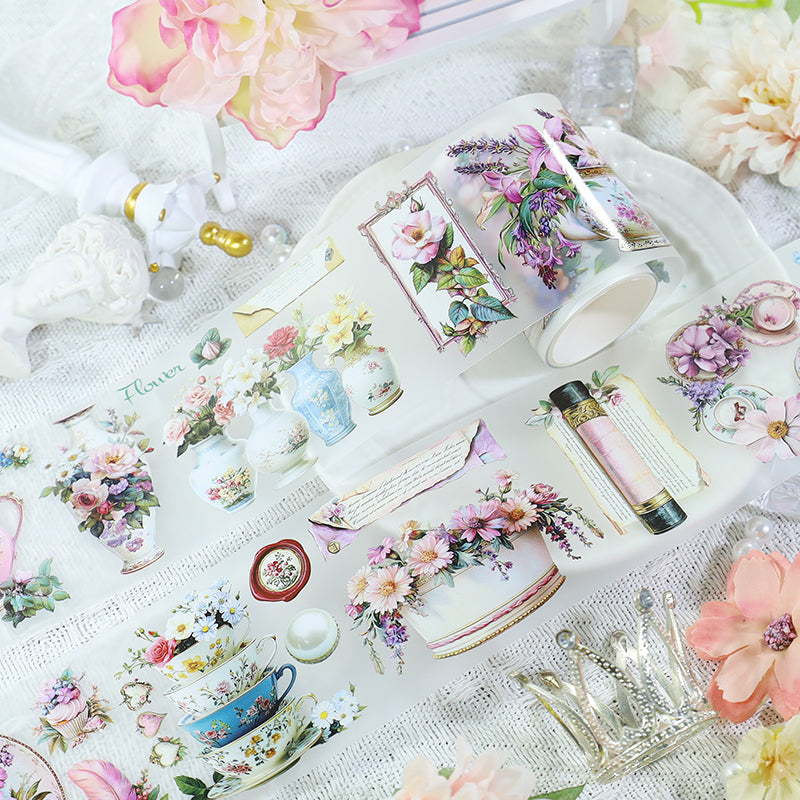 Retro flower porcelain Fog PET Tape featuring retro, and flower designs for journaling, scrapbooking and collage