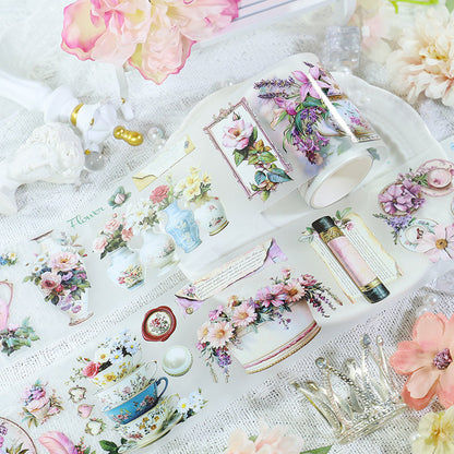 Retro flower porcelain Fog PET Tape featuring retro, and flower designs for journaling, scrapbooking and collage