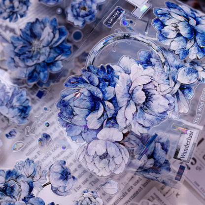Whole Roll 6cm*6m Dark blue peony flower Die Cutting Washi/PET/Shell Light PET Tape featuring blue, flower, and light designs for journaling, scrapbooking and collage
