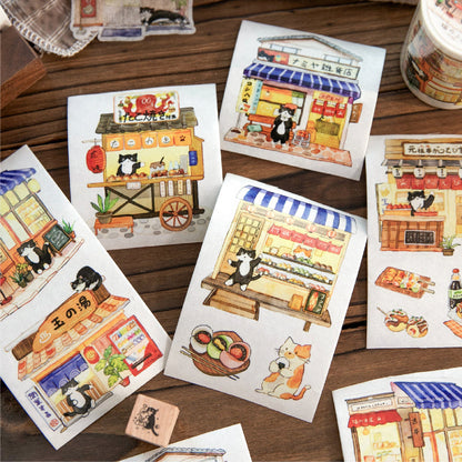 Cat Shop Series Die Cutting Washi Tape featuring cat, and shop designs for journaling, scrapbooking and collage