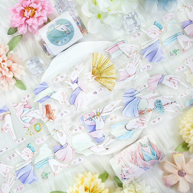 Slender delicate hands Shell Silver PET Tape featuring silver, and cat designs for journaling, scrapbooking and collage