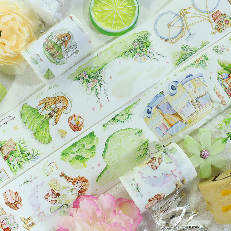 Green wind gathering wild Die Cutting Washi/Shell Light PET Tape featuring green, light, and wind designs for journaling, scrapbooking and collage