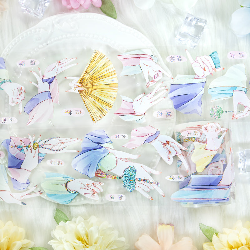Slender delicate hands Shell Silver PET Tape featuring silver, and cat designs for journaling, scrapbooking and collage