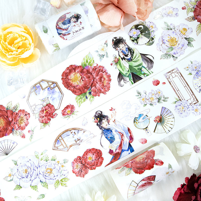 Red peony beauty Die Cutting Washi/Shell Light PET Tape featuring red, and light designs for journaling, scrapbooking and collage