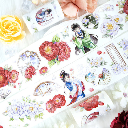 Red peony beauty Die Cutting Washi/Shell Light PET Tape featuring red, and light designs for journaling, scrapbooking and collage
