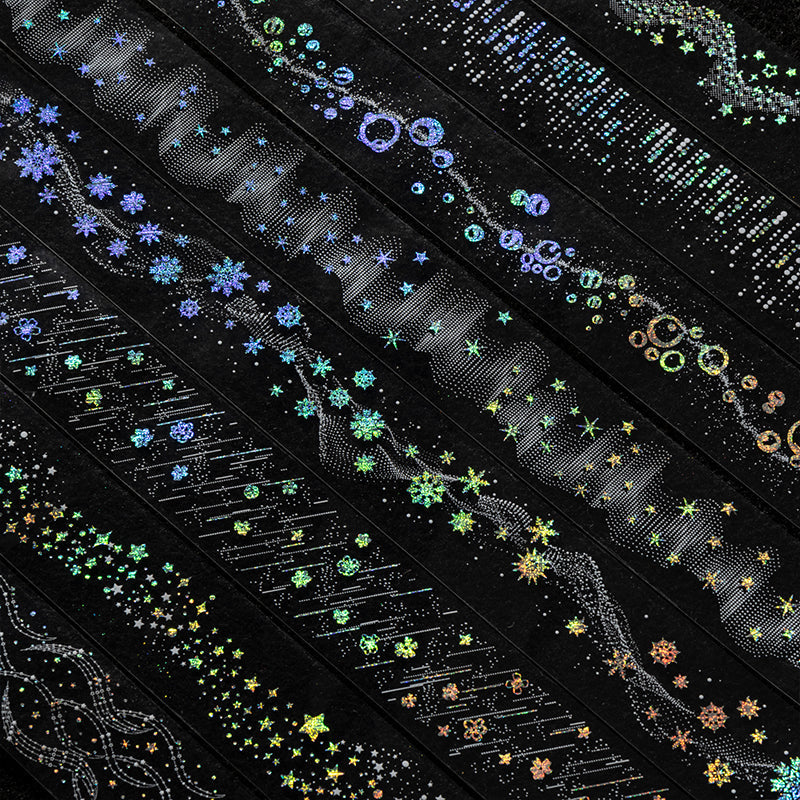 When The Stars Shine series Silver Stamping PET Tape featuring silver, and star designs for journaling, scrapbooking and collage