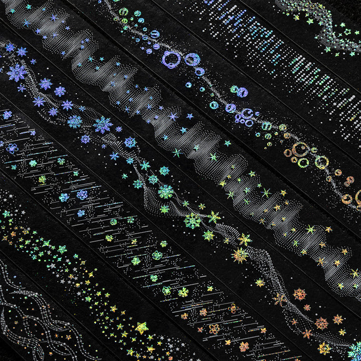 When The Stars Shine series Silver Stamping PET Tape featuring silver, and star designs for journaling, scrapbooking and collage