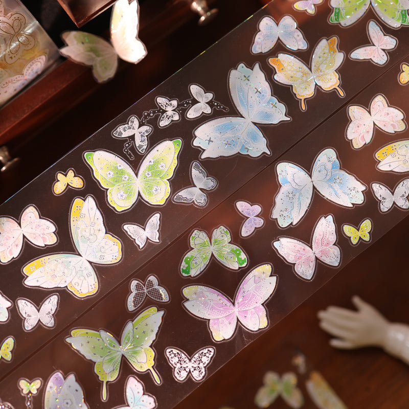 Whole Roll 5.5cm*5m Butterfly Dream Disc Die Cutting Shell Gold/Shell Silver PET Tape featuring butterfly, dream, and old designs for journaling, scrapbooking and collage