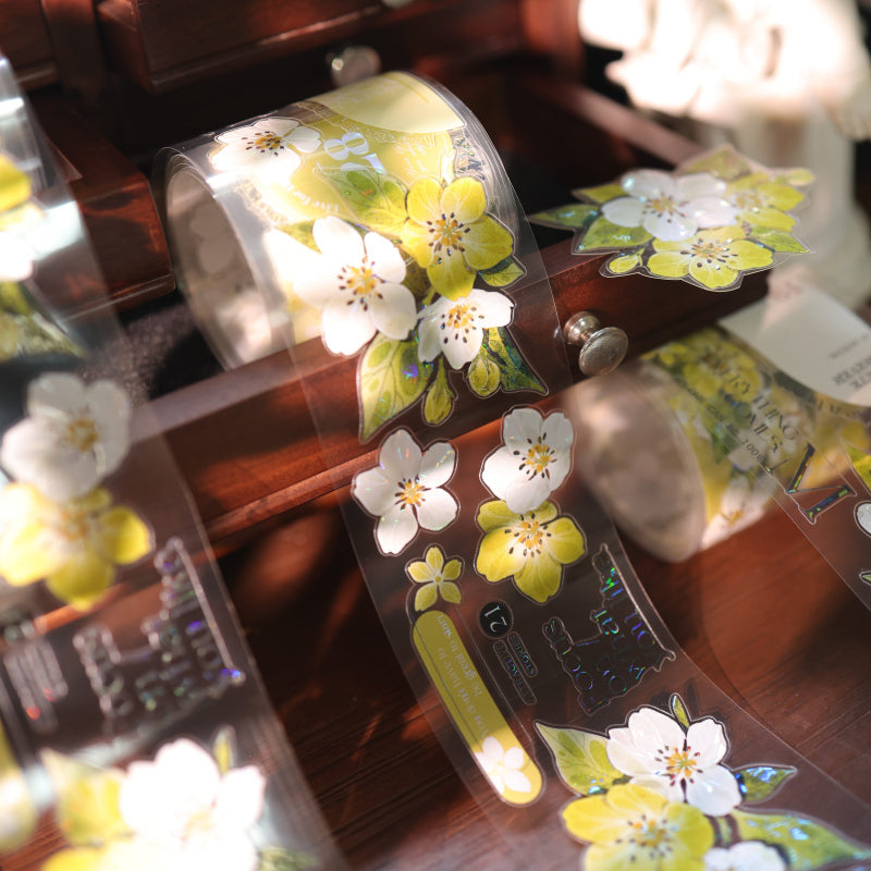 5.5cm*150cm Creamy Peach Blossoms Die Cutting Washi/PET/Shell Light PET Tape featuring cream, peach, and light designs for journaling, scrapbooking and collage