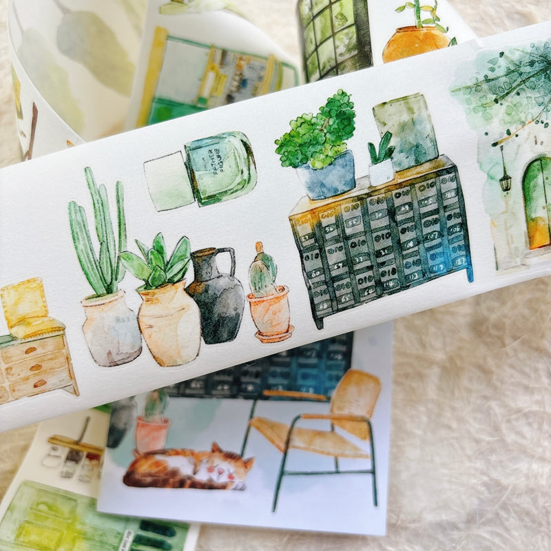 Whole Roll 6cm*5m Greenness Die Cutting Washi/PET/Fog PET Tape featuring green designs for journaling, scrapbooking and collage