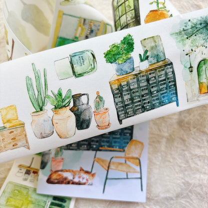 Whole Roll 6cm*5m Greenness Die Cutting Washi/PET/Fog PET Tape featuring green designs for journaling, scrapbooking and collage
