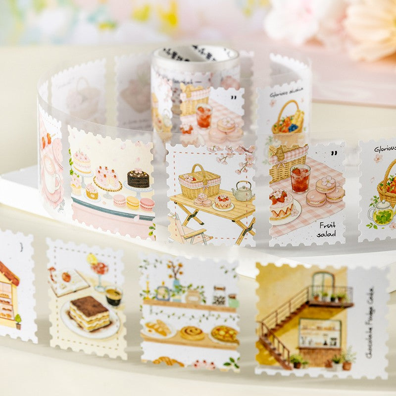 Spring Prelude Series tape featuring spring breeze, flower room, lazy cat cafe, and stream shelter designs for journaling, scrapbooking and collage