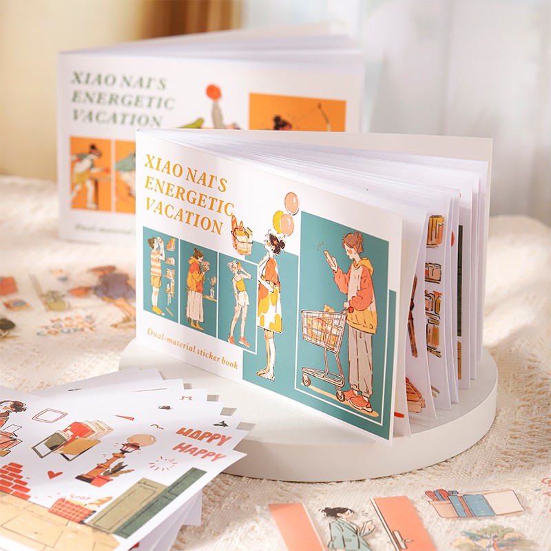 Xiaonai's Energetic Vacation Series Sticker Book featuring cat and book designs for journaling, scrapbooking and collage