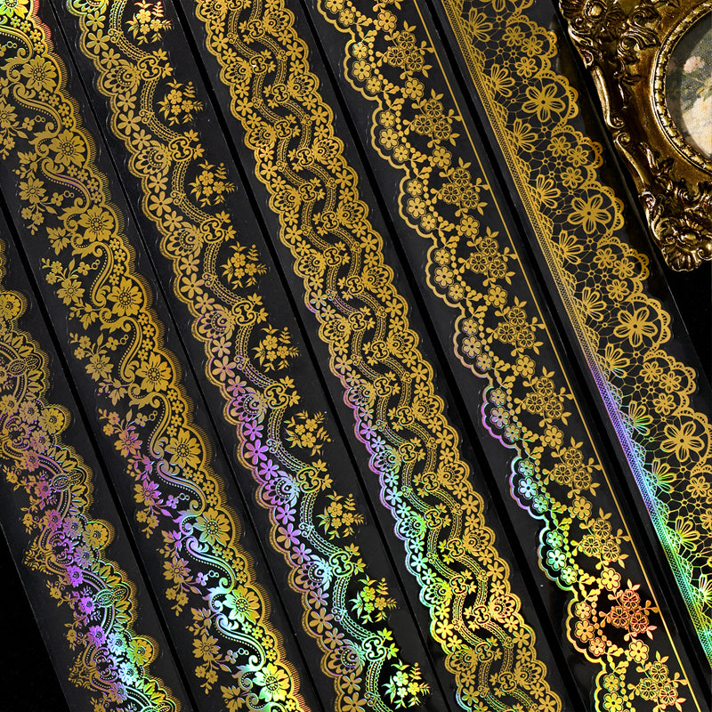 Shimmering Lace Series Gold Stamping PET Tape featuring old, lace, and gold designs for journaling, scrapbooking and collage